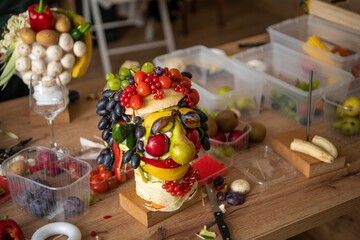 Hand made Food Sculpture Head as a vegan or vegetarian edible art or creative food sculptures shaped as a face.