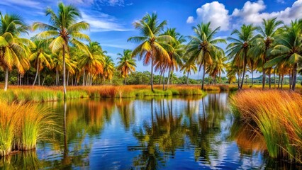 Obraz premium Tropical wetlands with colorful reeds and coconut trees in Icacos Trinidad in the Caribbean Macro