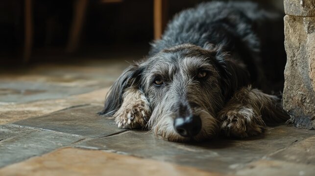 Scottish deerhound resting on a stone floor indoors exhibiting a bored and tired expression