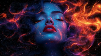 Retro pop art of a woman in vibrant psychedelic colors and 70s style