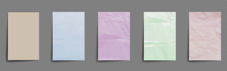 Crumpled pastel colored paper for scrapbook, poster or text banner. Realistic 3d illustration vector set of wrinkled sketchpad or notebook page mockup. Blank simple used creased leaflet template.