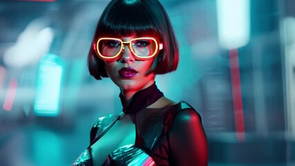 Woman with a bob haircut and neon glasses is posing in a futuristic cyberpunk city. She is wearing a silver top and black mesh