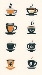 Stylized coffee cup designs featuring various motifs and colors.