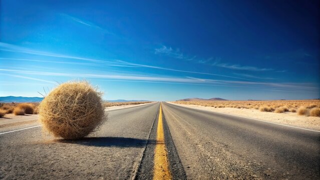 Tumbleweed rolling on desert road under clear sky