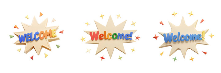 Fototapeta premium Colorful welcome signs with playful starburst designs, featuring word Welcome in various styles. Perfect for greeting guests with joy and warmth