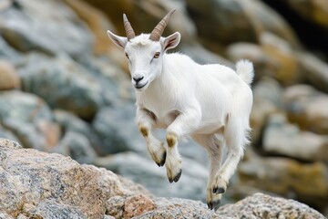 Obraz premium Graceful Mountain Goat Leaps Among Rocky Terrain, Showcasing Nature's Beauty and the Spirit of Wild Adventure in the Wilderness