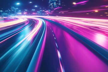 Obraz premium Light trail wave, fire path trace line, car lights, optic fiber and incandescence curve twirl. High speed road in night time abstraction. Sport car is made of polygons, lines and connected dots.