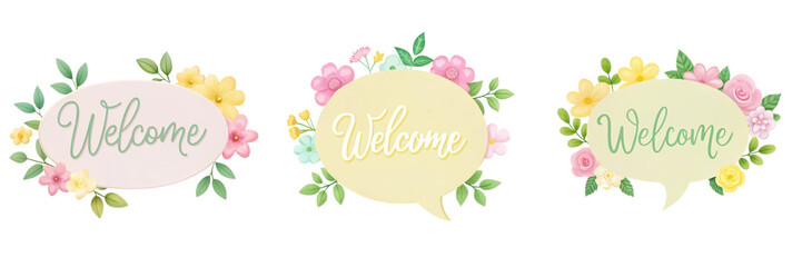 Obraz premium cheerful collection of Welcome signs adorned with colorful flowers and leaves, perfect for greeting guests. vibrant designs evoke warm and inviting atmosphere