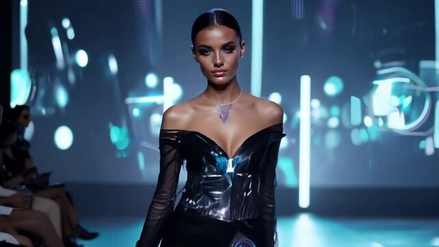 Confident woman modeling a futuristic silver top paired with a black skirt while walking down the runway at a vibrant fashion show, showcasing elegance and modern style