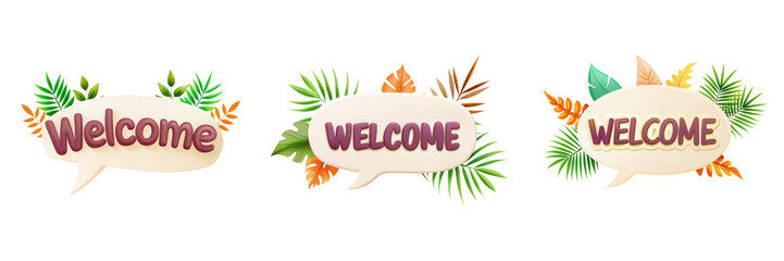 Obraz premium Welcome signs are creatively designed with vibrant foliage, perfect for inviting guests. playful speech bubble style adds cheerful touch to any setting