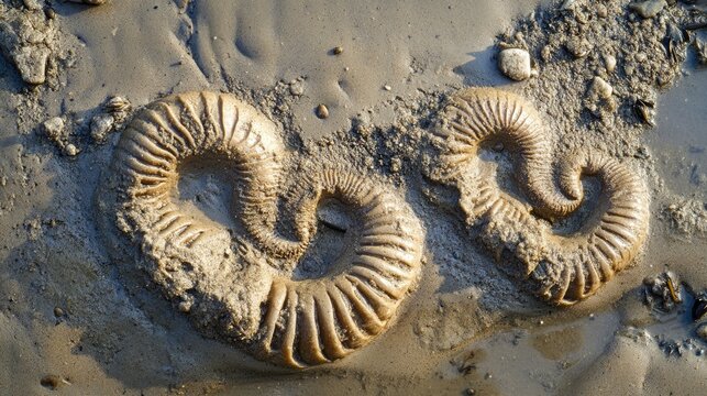 Coiled castings of sandworms found in silty sandy environments Imprints of sand sculptures created by lugworms or arenicola marina along the shoreline