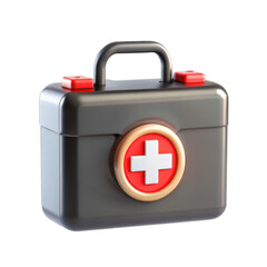 Obraz premium A 3D render of a closed first aid kit featuring a bold red cross symbol. The kit appears sleek and modern, ideal for health emergencies.