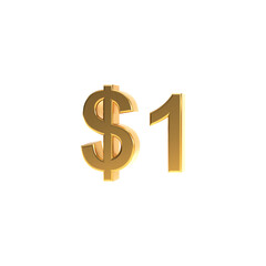 Golden one dollar sign, gold 1 dollar symbol isolated on transparent background, 3d rendering