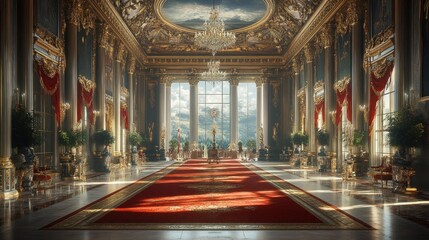Obraz premium Opulent palace interior with grand decor and large windows.