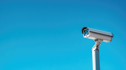 Outdoor security camera positioned against a clear blue sky providing essential surveillance and protection for properties and structures