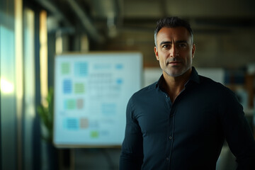 Fototapeta premium businessman giving a presentation to his employees. with blurred whiteboard filled with charts and notes, brainstorming or strategy session.