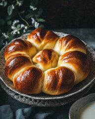 A mouthwatering plate of fluffy cinnamon rolls, glazed with a golden brown topping, is the perfect indulgence for breakfast