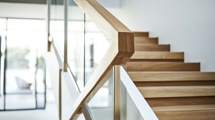 Obraz premium Stylish modern handrail featuring a wooden oak accent on a contemporary staircase exhibiting elegance and sophistication in a bright interior