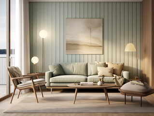 Living room interior in modern minimalist style with wooden panneling. Neutral and mint colors interior with wood wall panels, bronze metallic accent decor and large artwork. Wood panneling walls. 