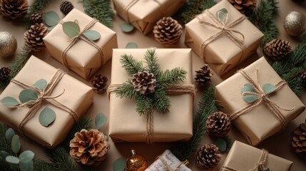 Fototapeta premium Christmas Gifts Arranged in a Cozy and Festive Atmosphere