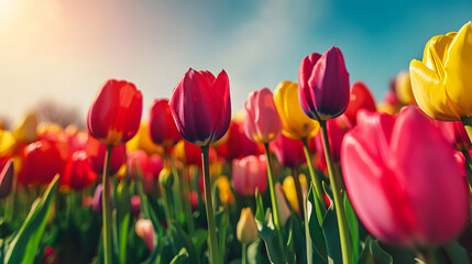 A colorful field of tulips stretching as far as the eye can see, celebrating the joy of spring.