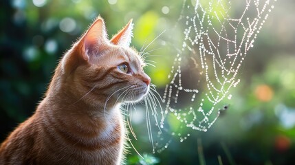 Orange tabby cat beside a dewy spider web in a natural outdoor setting