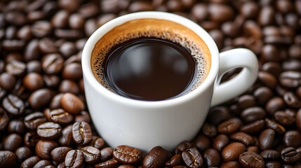 Fototapeta premium A steaming cup of coffee surrounded by coffee beans.