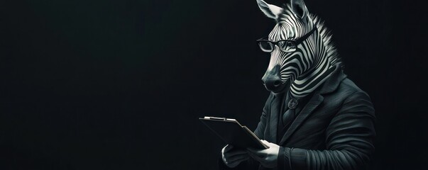 Zebra portrayed with glasses and notepad in a sleek black coat, set against a stark background to emphasize intellectualism.