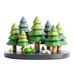 A vibrant 3D model of stylized green trees set in a whimsical landscape. The trees vary in size and shape, showcasing a playful design with soft colors.