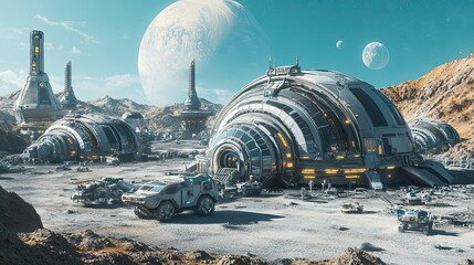 Futuristic Spaceport on a Rocky Exoplanet with a Large Moon