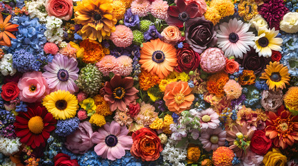 A colorful flower market display, featuring an array of blossoms in various shapes and sizes, bursting with life.