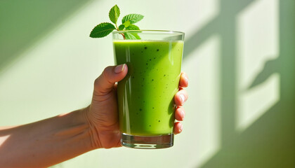 Healthy green smoothie held by a hand with mint leaves and bright background