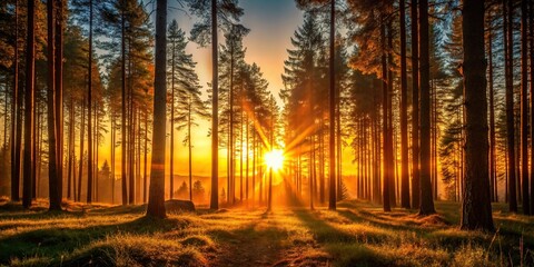 Obraz premium Silhouette of trees at sunrise and sunset in a forest with glowing sky