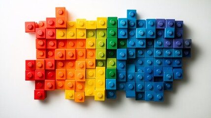 Obraz premium 2410 46.A colorful wall made of building blocks, arranged against a white background, symbolizing playful learning and creativity. The vibrant blocks are stacked in different patterns, creating a