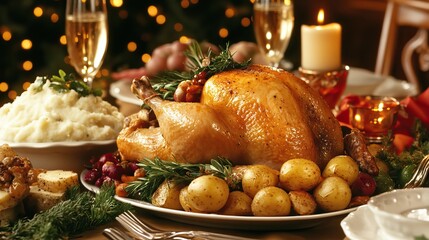 Roast Chicken With Veggies, Mashed Potatoes, and Garnishes on a Festive Table 