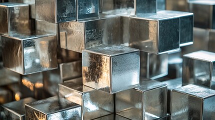 2410 113.A detailed shot of metal blocks stacked in a uniform grid, each block featuring a smooth, polished surface. The reflective qualities of the metal create a dynamic interplay of light and