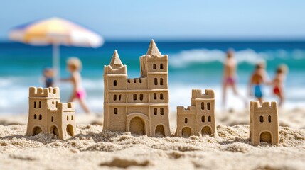 Sandcastles stand proudly on a sunny beach with children playing in the background, AI