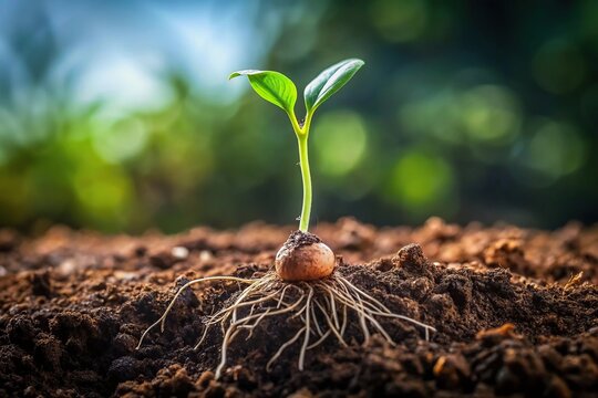 Underground perspective of a single seed with visible roots ready to grow macro