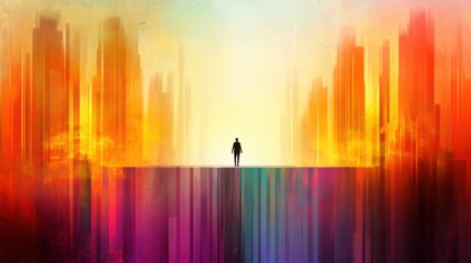 A lone figure stands on a vibrant, abstract cityscape with a radiant sunset backdrop, AI