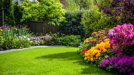 Obraz premium A colorful hedge of flowering shrubs surrounding a cozy backyard, creating a perfect retreat.