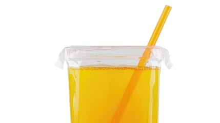 Fototapeta premium Mini juice pack with a plastic straw isolated on white background