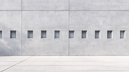 Fototapeta premium 2410 109.A gray plaster wall with small, evenly spaced windows, with a concrete sidewalk in the foreground. The simple urban design creates a stark, clean composition with ample space for text or