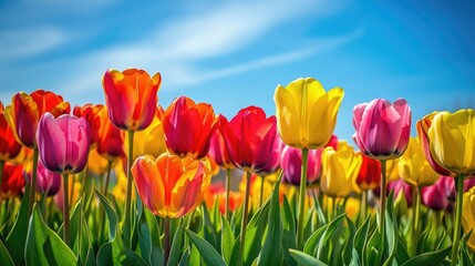Vibrant fields of multicolored tulips under a bright blue sky showcasing the beauty of spring blooms in full color