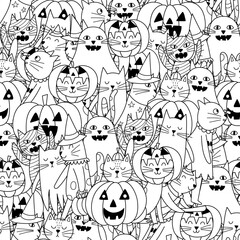 Cute Halloween cats black and white seamless pattern for kids. Funny feline characters with pumpkin, ghost, witch coloring page. Outline background. Vector illustration