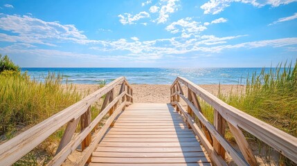 Obraz premium Wooden boardwalk on a sandy beach during the warm season
