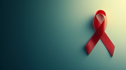 A red ribbon, a symbol of HIV, isolated on blue background, concept for aids awareness. with space for copy or text
