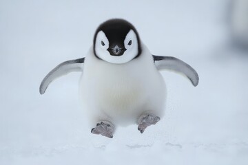 Obraz premium Joyful Emperor Penguin Chick Leaps with Delight in a Stunning Arctic Landscape of Soft Snow and Icy Serenity as a Cold Wind Blows Gently