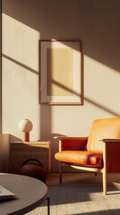 Fototapeta premium A cozy interior scene featuring stylish orange armchair, minimalist lamp, and framed artwork. warm sunlight casts beautiful shadows, creating serene atmosphere
