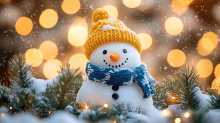 Cheerful snowman adorned with a yellow hat and blue scarf nestled among pine branches set in a festive winter landscape with soft bokeh lighting