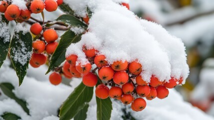 Rowan berries in vibrant clusters blanketed by fresh snow